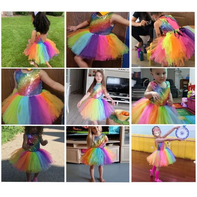 Børn Dans Prinsesse Kostume Til Cosplay Rainbow Palliet-Belagt Mesh Farverige Tutu Kjole Maskerade Part Rolle Spiller Kids Tøj 4