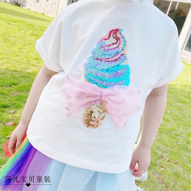 Sommeren Nye Børn Passer Piger Sequined Is Butterfly Kort-Langærmet T-Shirt + Rainbow Nederdel To-Piece Suit Piger Dress 4
