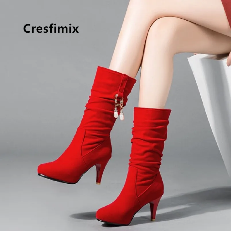 Cresfimix teenager mode sød plus størrelse 34 til 43 efteråret lange støvler kvinder fashion sort pu læder vinterstøvler botas a6026 4