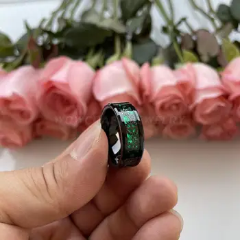 6/8mm Wolfram Sorte Ringe for Mænd Bryllup Bands Grøn Opal Gear Indlæg Comfort Fit 1
