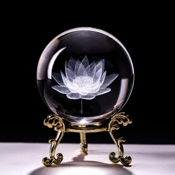 60mm 3d-Udskæring krystalkugle Brevpresser med Stå, Healing, Meditation Glas Sfære Fengshui Home Decor Ornamenter Lotus Blomst 27989