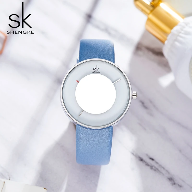 SK Nye Kreative Bærbare Spejl Skive Glas Kvinder, Se Blå Læderet Remmen Mærke Mode Kvarts Reloj Mujer Ure Feminine 5