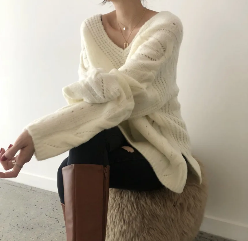 YAMDI løs strikket oversize vintage 2020 forår vinter sweater kvinder koreanske søde solid kvinde elegante pullover jumper tyk ny 5
