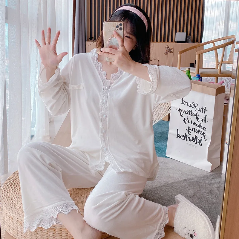Kvinder langærmet Guld Velour Cardigan Nuisette Sexet Hjem Bære Forår og Efterår koreanske Prinsesse Stil Sød Hvid Sød Pyjamas 5