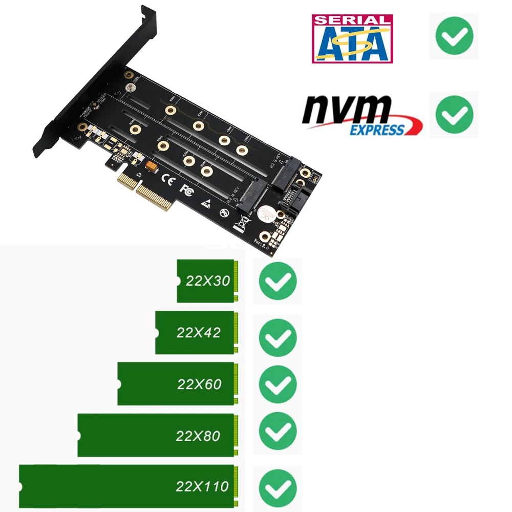 M. 2 for NVMe NGFF SSD for AT PCI-E X4 3.0 Adapter M-Tasten B-TASTEN Dobbelt Interface Riser Card PCIE3.0 w/ Metal Beslag & Varmeafleder 5