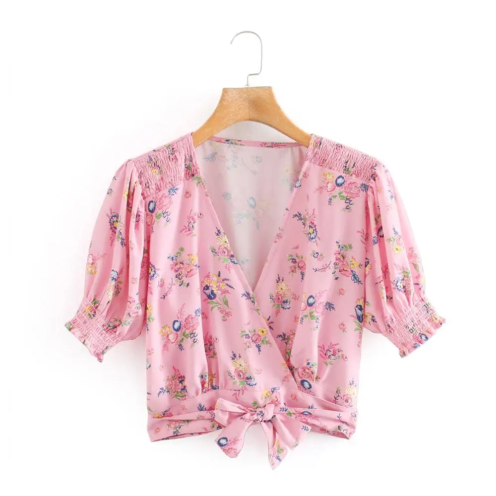 Ny 2020-kvinder v hals blomster print afslappet slank lyserød bluse kvindelige puff ærmer forneden sløjfe bundet kimono shirts smarte blusas toppe LS6634 5