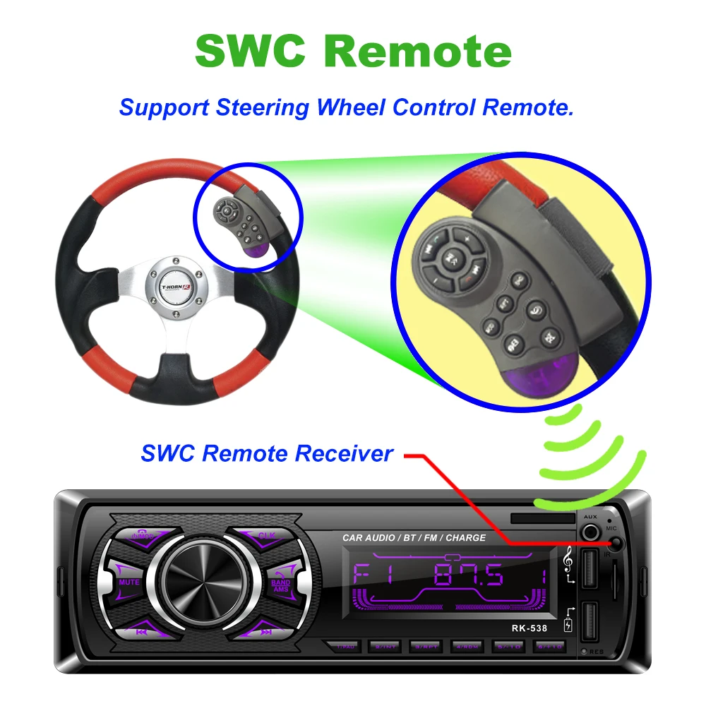 1 Din Bluetooth Car-Radio, MP3-Afspiller Bil Audio Stereo Bluetooth Stereo Radio 12V FM AUX Håndfri Opkald SWC-Remme Autoradio 5