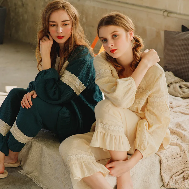 Japansk Stil Pyjamas Sæt Kvindelige Fritid Behagelig Pure Cotton Nat Bære Passer Vintage Elegante Blonder Blomster Aften Kjole, Der Passer 5
