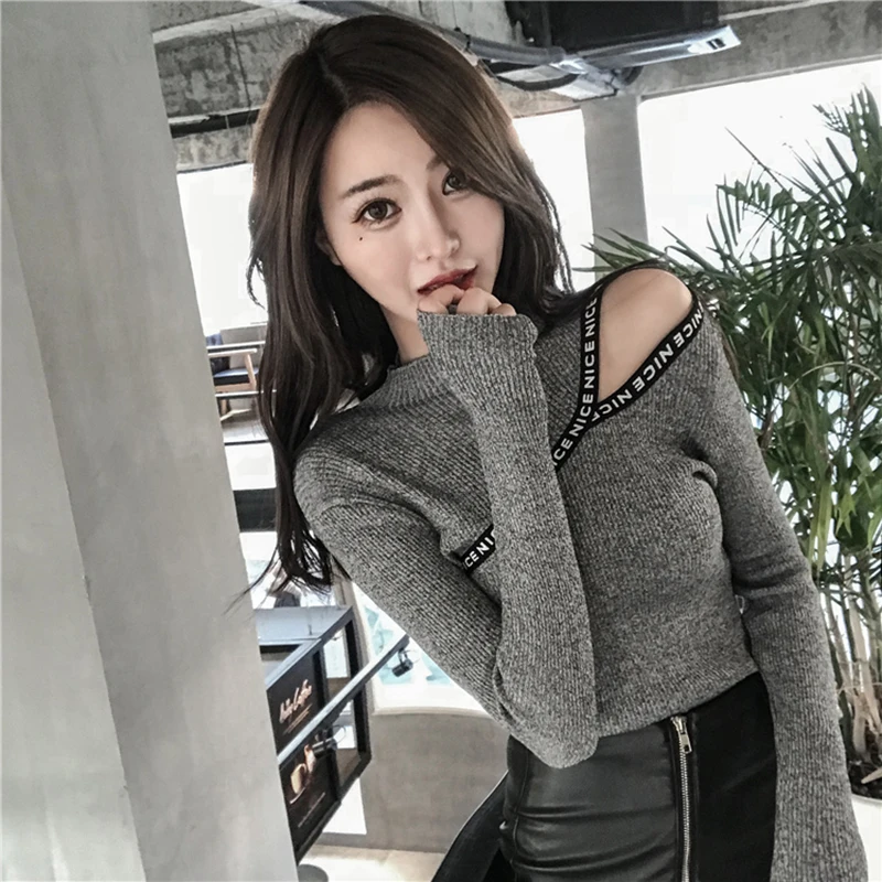 Shintimes Brev Pynt Off Skulder Sweater Høj Elastisk Sweters Kvinder Invierno 2020 koreansk Stil Kvinder Pullover Trække Femme 5