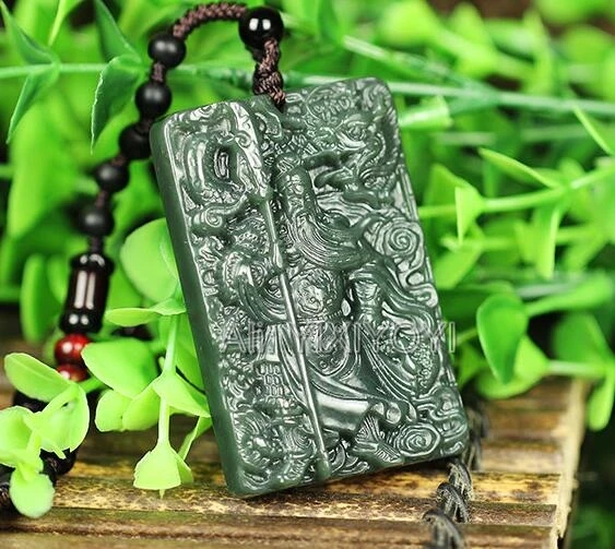 Smukke Naturlige Grønne HeTian Jade Skåret Kinesisk Sværd GuanGong Amulet Heldig Vedhæng + Perler Halskæde + Certifikat Fine Smykker 5