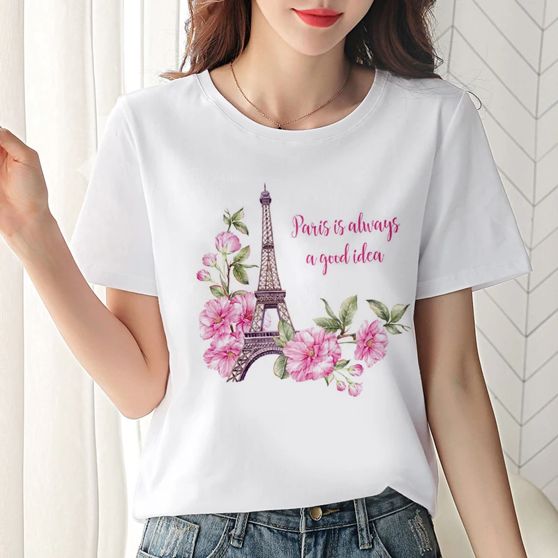 Harajuku T-shirt kvinder 2020 er en ny mode Eiffeltårnet udskrivning Tshirt Fritid kortærmet sommer stil T-shirt kvinde tøj 5