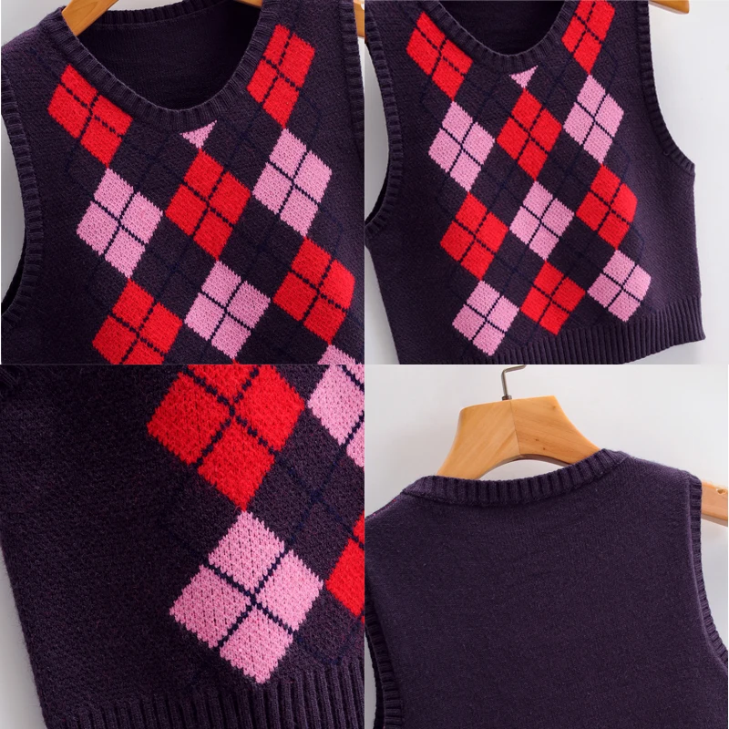 ArtSu Plaid Tank Sweater Kvinder Preppy Stil Afslappet Ærmer Strikket Afgrøde Top Jumper Vintage Mini-Vest Efterår Mode VE28079 5