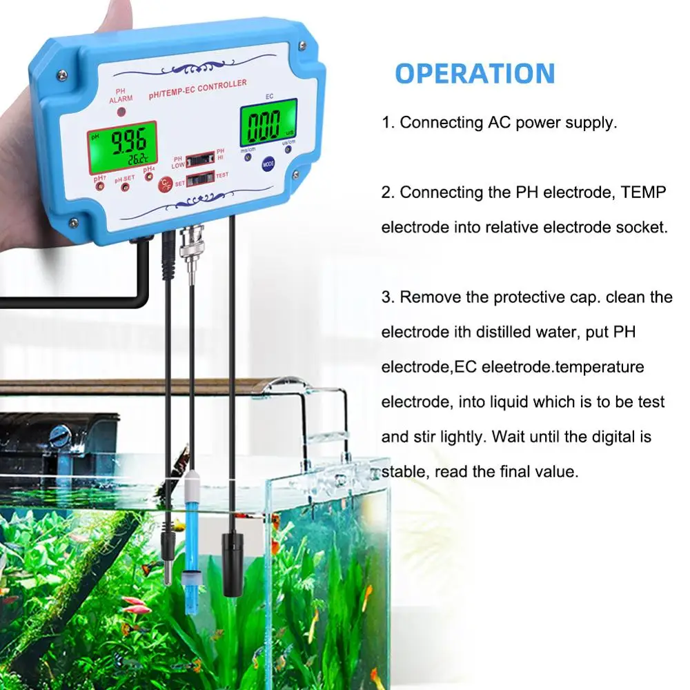 Yieryi Online 3 i 1 pH/EC/TEMP Vand Kvalitet Detektor PH Controller Med Relæ Stik Repleaceable Elektrode BNC-Type Sonde 5