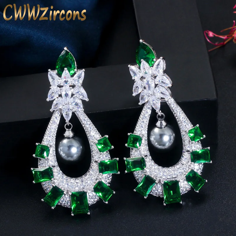 CWWZircons Luksus-Pladsen Smaragd Grønne Cubic Zircon Crystal Long Drop Sølv Brude Bryllup, Prom Øreringe med Grå Perle CZ632 5