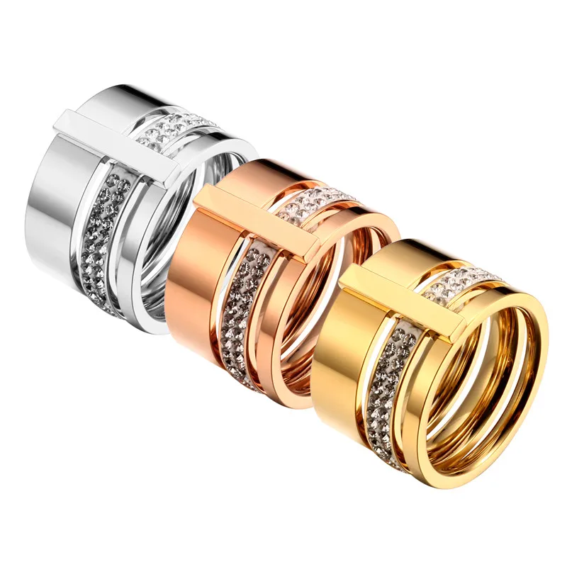 Engros Luksus Kvinder Ringe 316L Rustfrit Stål Tre Lag Geometriske Østrigske Krystal Ring for Kvinder Engagement Smykker 5