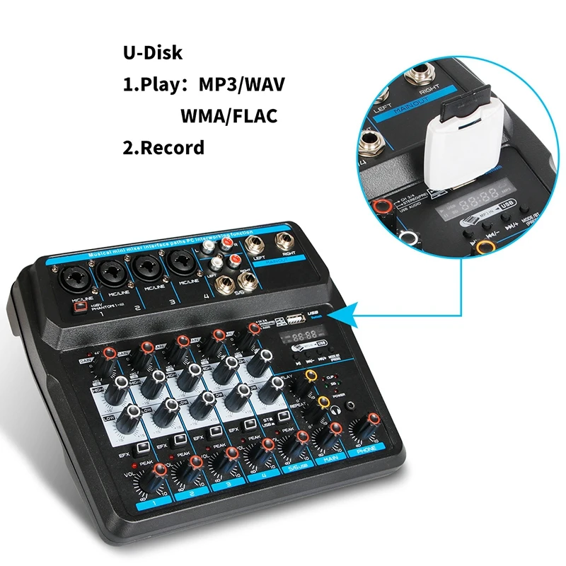 M-6 Bærbare Mini Mixer o DJ Console med lydkort, USB, 48V Phantom Power til PC Optagelse Sang Webcast Party(US-Stik) 5