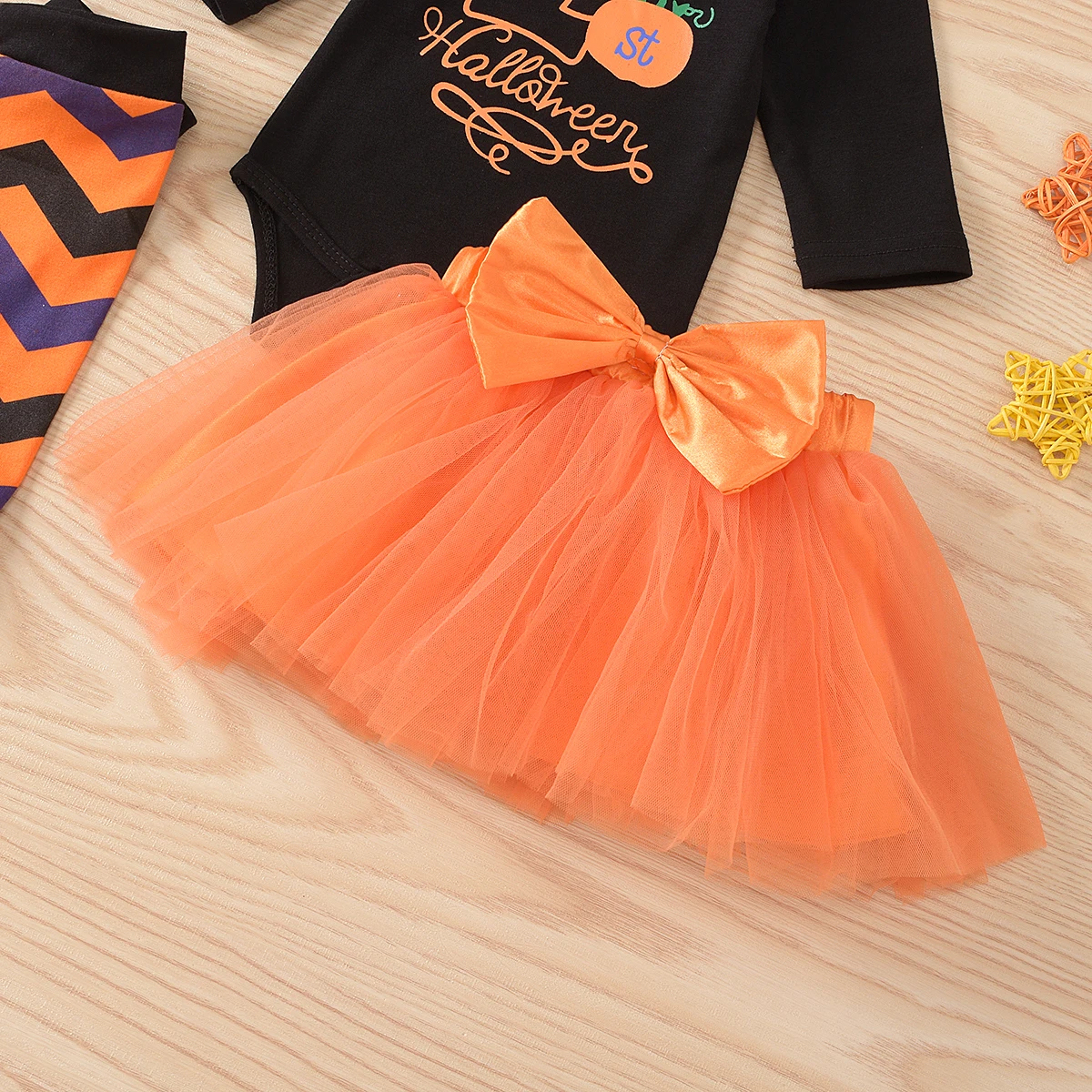 2020 Baby Pige Halloween Outfits Brev Print Sparkedragt+Pailletter Bue +Chiffon Tutu Nederdel+benvarmere+ Pandebånd Tøj Sæt 4stk 5