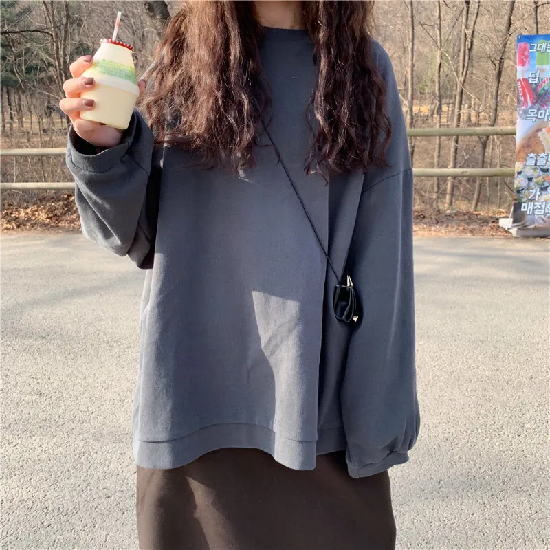WERUERUYU Pige Løs Dovne Stil Kvinder Toppe Efteråret koreansk Mode ensfarvet langærmet O-Hals 5 Farver 5