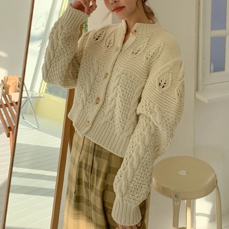 Flectit Vintage Kabel-Strik Beskåret Cardigan Til Kvinder Cut-Out Detaljer Foran-Knappen Sweater Toppe Falder Vinter Outfits * 5