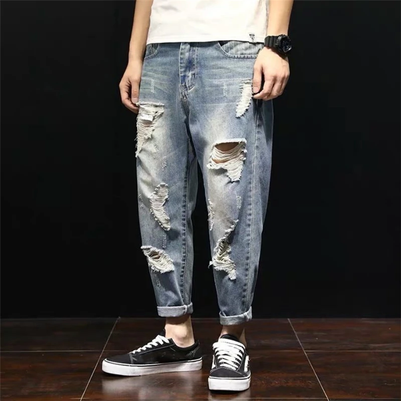 Fashion Herre Baggy Revet Hul Jeans 2020 Street Style Blå Denim Bukser Løs Vasket Jeans Midten Af Taljen Vaqueros Rotos De Hombre 5