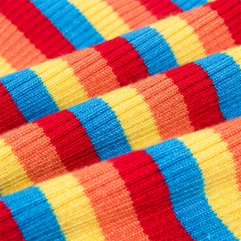 Multi Farve Stribet Afgrøde Sweater Kvinder Skinny Fit langærmet Ribbet Mockneck Strik Top Harajuku ALT Pige Outfits / 5