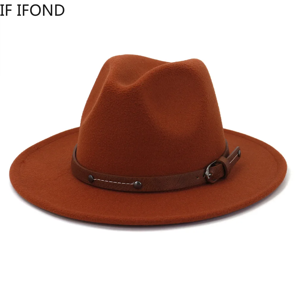 Lady Britisk Mode Wide Brim Enkel Top Fedoras Hat Unisex Jazz hat Med Bælte Vintage Trilby Filt Hat 5
