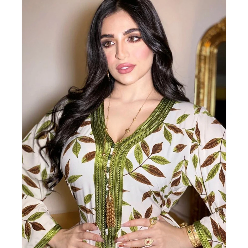 Tyrkiet Indien Muslimske Abaya Kjole Kvinder Mellemøsten Lang Kappe Båndet Blade Print Maxi Kjoler arabisk Dubai Islamisk Tøj kaftan 5
