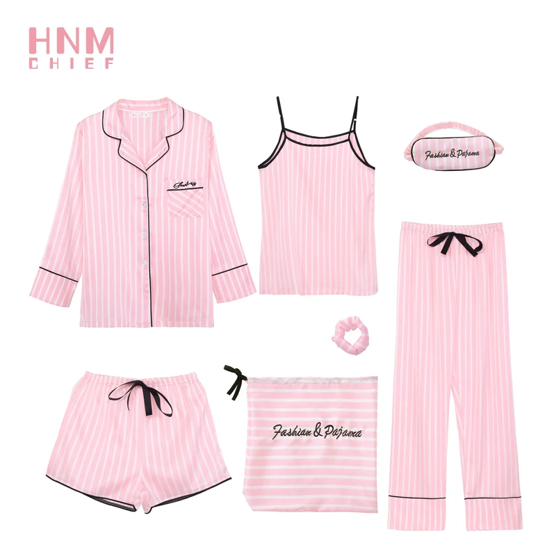 HNM Pink Stribe Print Pyjamas Sæt Silke Satin Homewear Kvinder er 7 Stykker Nattøj Sæt Pyjama Kvinder, Forår, Sommer, Efterår 5