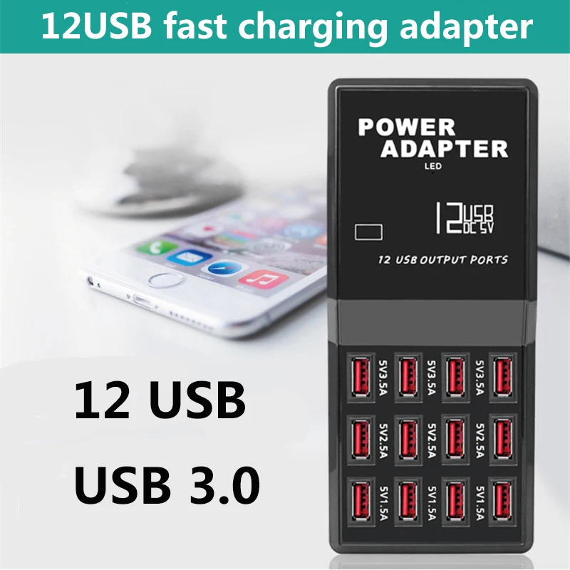12 Flere USB-Port Oplader 5V 12A Output Max 0,3 A Input Opladning HUB Desktop Adapter Hurtig Oplader til Telefonen, Tablet-PC 5