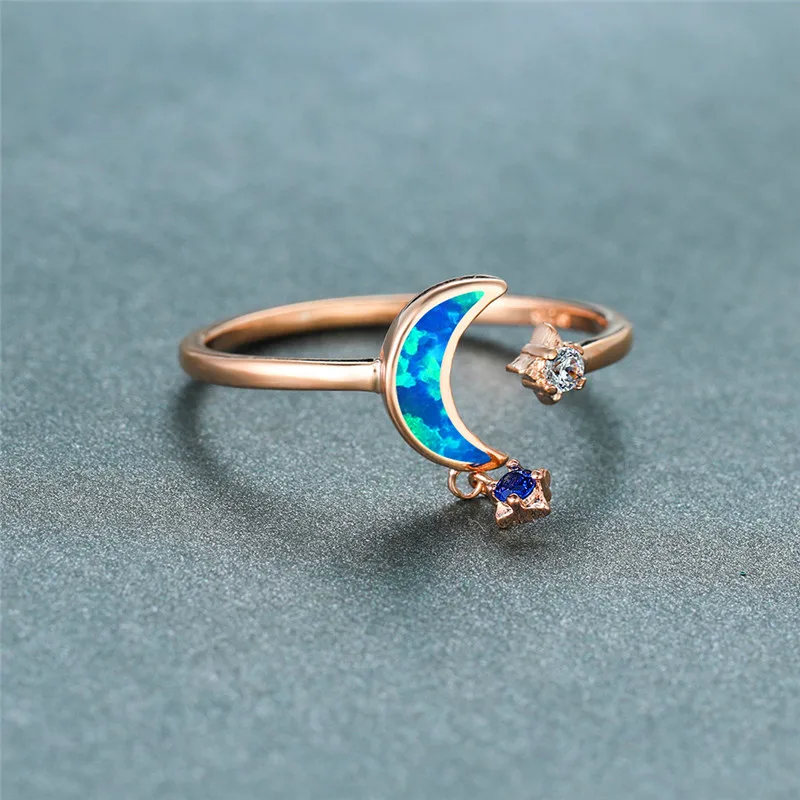 Boho Kvinder Hvid Blå Opal Sten Ring Søde Rose Gold Justerbare Ringe Til Kvinder Minimalistisk Brude-Moon Star Engagement Ring 5