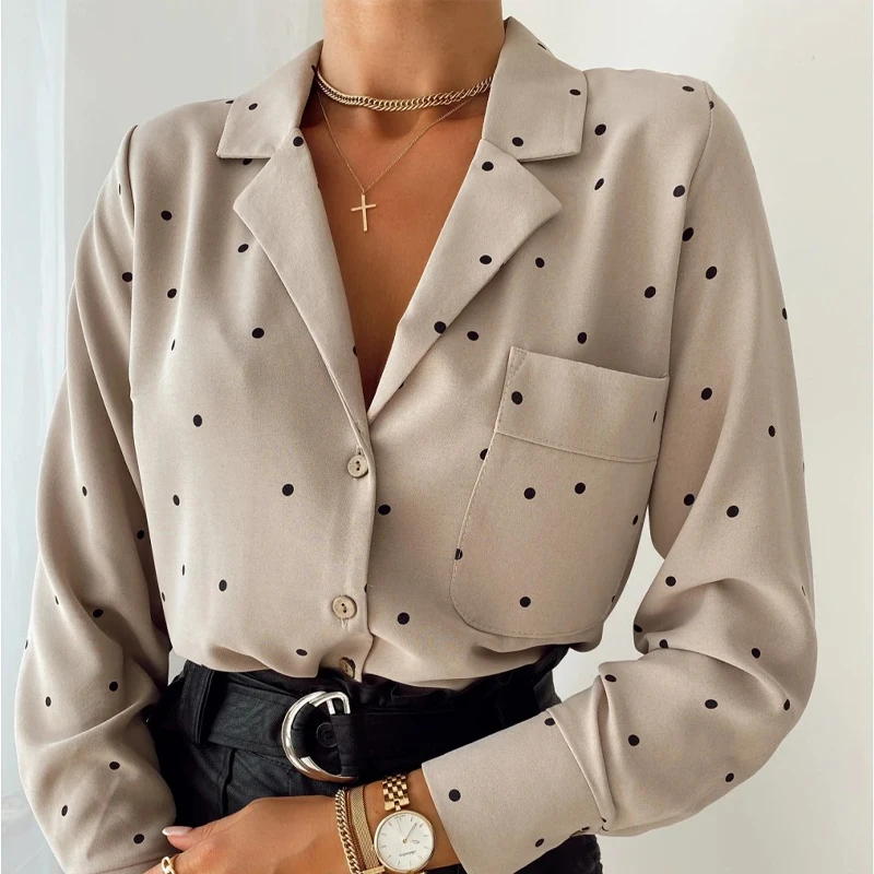 Kvinder Polka Dot Lommer Casual Bluse med Lange Ærmer Hak Krave Enkle Elegante Shirt 2020 Efteråret Kontor Dame fashion Kvinder til Tops 5