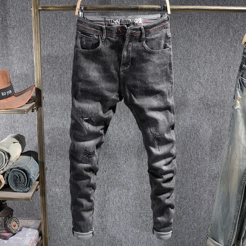 Koreansk Stil, Mode Mænd Jeans Af Høj Kvalitet Sort Grå Slim Fit Elastisk Rippet Denim Blyant Bukser, Vintage Designer Bukser Mandlige 5