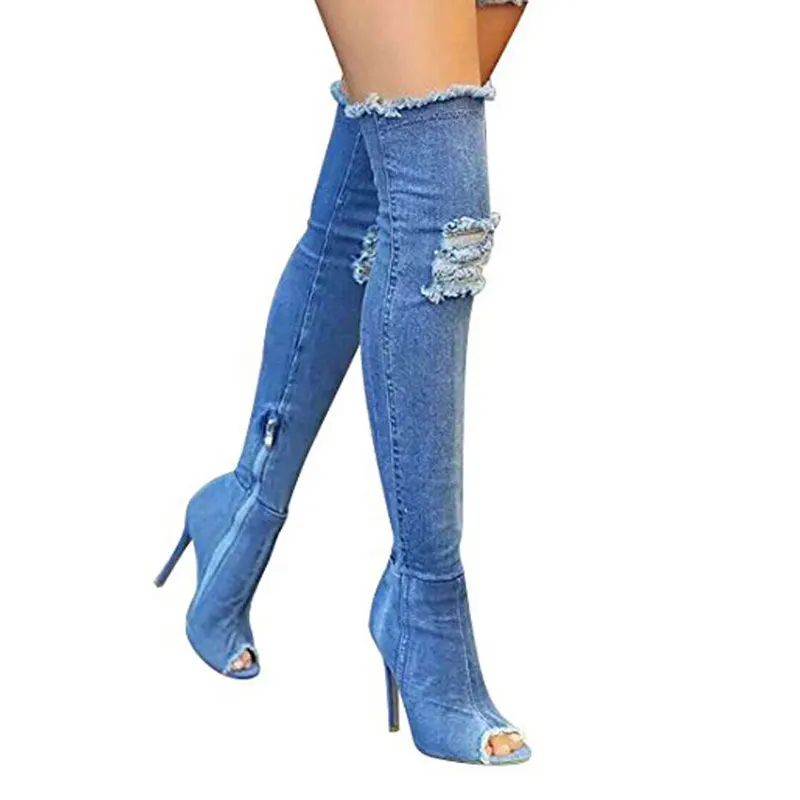 Mode hul jeans sexy høje støvler kvinder sko 2021 høj hæl over knæ stræk kvinder støvler åben tå denim låret sko kvinde 5