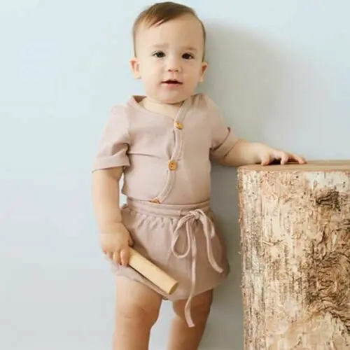 Spædbarn Baby Dreng Piger Sommer Tøj Sæt Soild Stribet Bomuld kortærmet Sparkedragt+Shorts Bukser Til Drenge Barn Outfits 0-24M 5