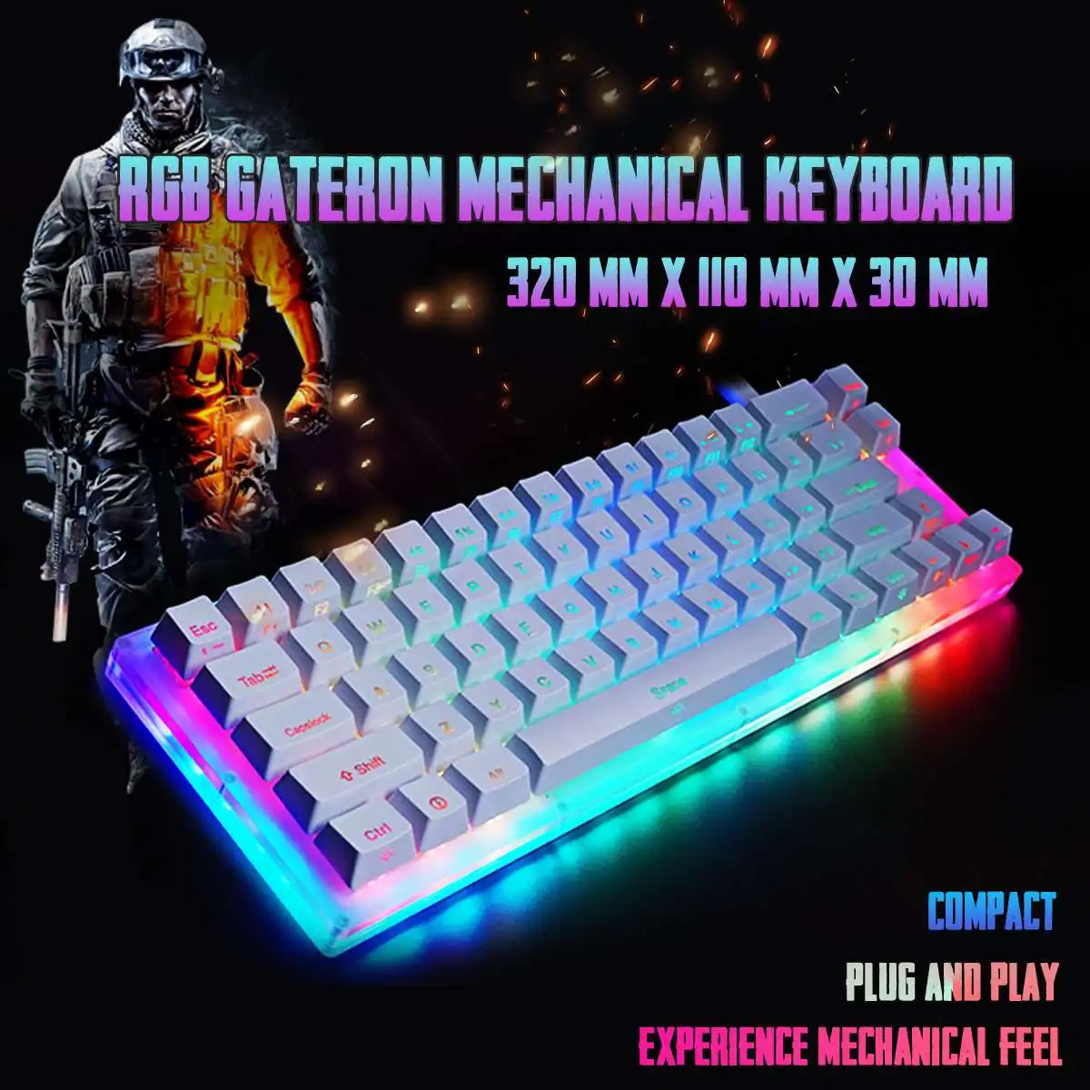 K66 Glaseret Farverige Gateron Skifte Mekanisk Tastatur 40Gbps Type -C 66keys 16,8 Mio RGB Krystallinsk Baseret Tastatur 5