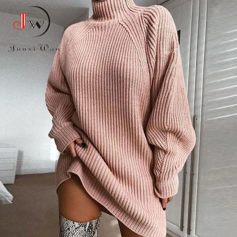 Kvinder Rullekrave Overdimensionerede Strikket Kjole Efteråret Solid Langærmet Afslappet Og Elegant Mini Sweater Kjole Plus Size Vinter Tøj 5