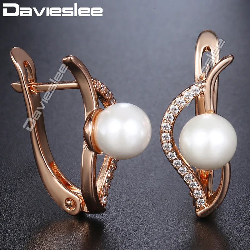 Davieslee 585 Guld, Fyldt Øreringe Til Kvinder Simuleret Pearl Mode Stud Øreringe, Mode Smykker LGE172 5