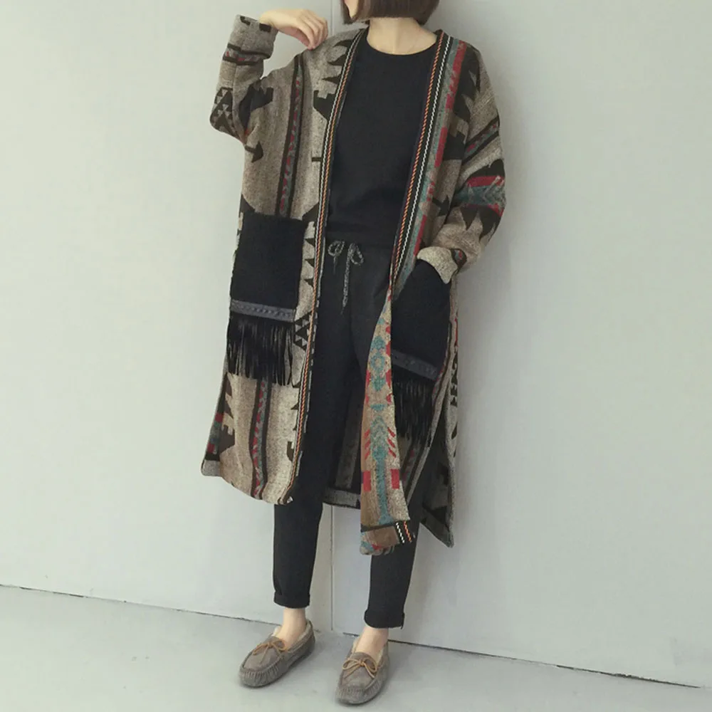 Vinteren Warmness Lang Uld Frakke Kvinder Koreanske Elegante Damer Boho Kvast Blander Strikket Sweater Cardigan Overfrakke Efteråret Outwear 5
