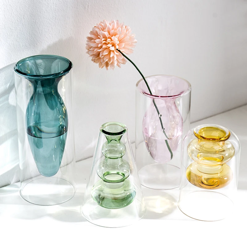 Nordisk Farverige Glas Vase Hydroponics Stue Dekoration Blomst Arrangement Dobbelt Lag Transparant Vaser Desktop Indretning 5