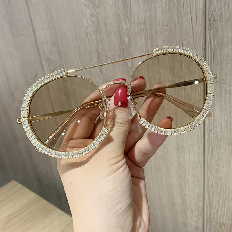 Zircon overdimensionerede solbriller 2020 luksus Runde solbriller kvinder Klar linse Briller Nuancer Til Kvinder oculos feminino 5
