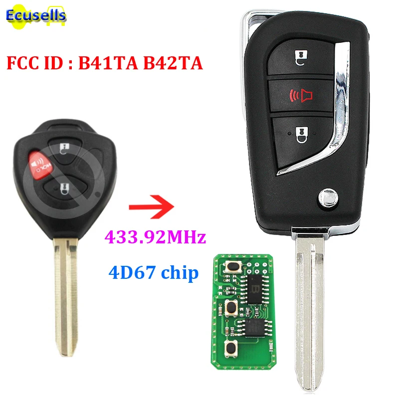 Opgraderet Flip 3 knapper Fjernbetjening key FOB for Toyota Camry Corolla Hilux 433.92 mhz med 4D67-chip, FCC ID : B41TA B42TA TOY43 uncut 5