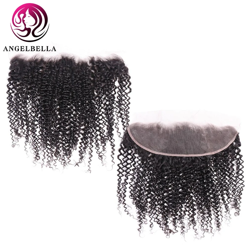 Angelbella Kinky Curly Lace Frontal Lukning Med Baby Hair Naturlige Farve Remy 13*4 Menneskehår Lukning 8