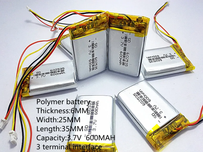 3,7 V 600mAh Genopladeligt li-Polymer Li-ion Batteri Til hovedtelefoner fartskriver MODEL 582535 SP5 mp3-mp4, GPS 602535 062535 5