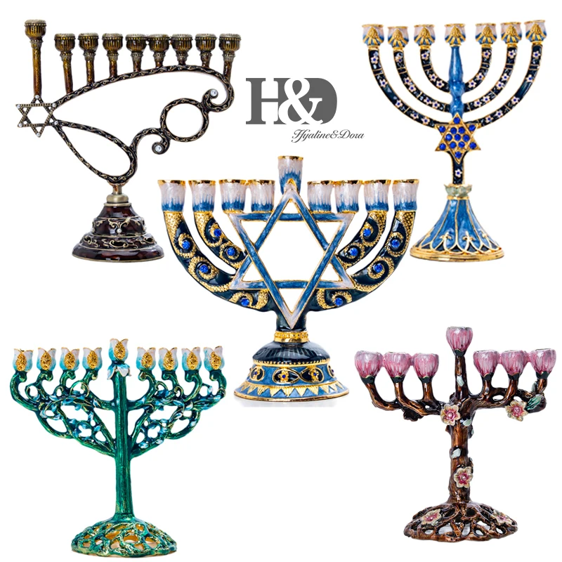H&D 5 stilarter, Hanukkah Hånd Malet Emalje Menorah Kandelabre Chanukah Templet Lysestager 9 Filial davidsstjerne lysestage 5