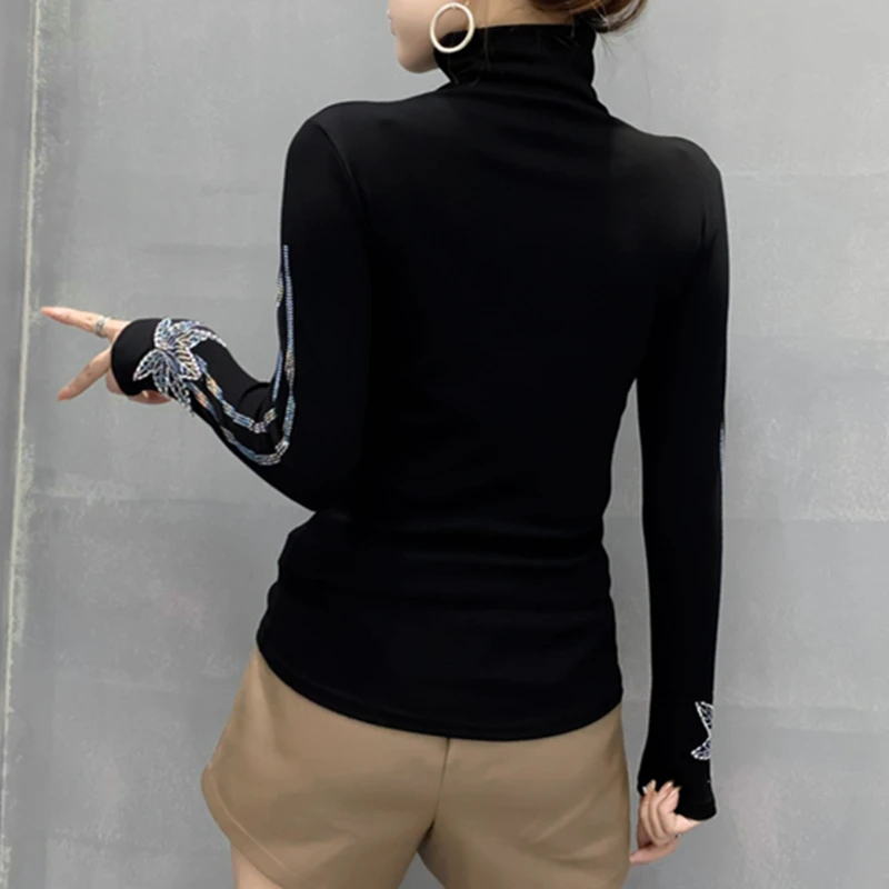 Fall Vinter koreansk Stil T-shirt-Sexet Smarte Patchwork Gennemsigtige Blade Dimonds Kvinder Toppe Med Fleece, Bomuld Slanke Tees T0N604A 5