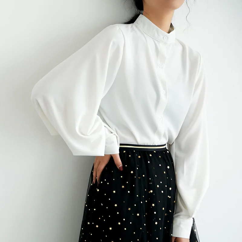 Efteråret 2021 Fashion Kvinder Chiffon Shirts Vintage Hong Kong Style Lanterne Ærmet Shirt Solid Langærmet Knappen Bluser 6462 50 5