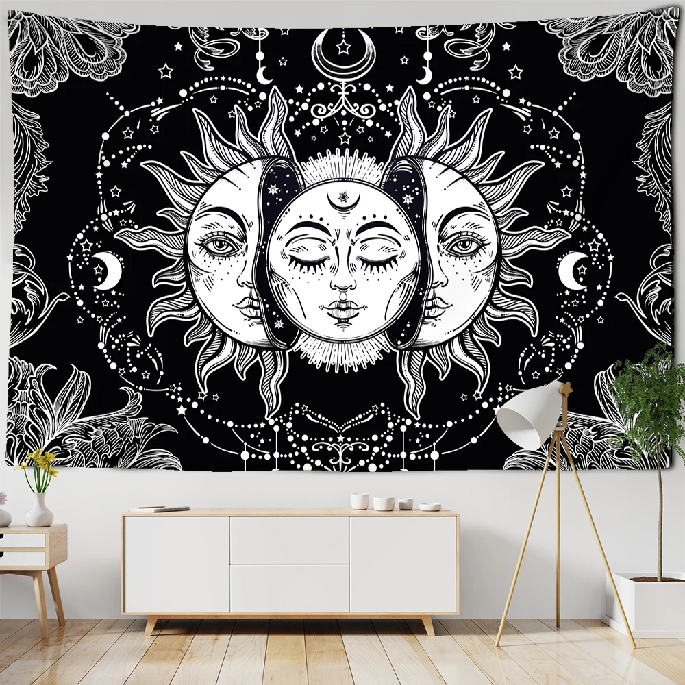 White Black Sun Moon Mandala Gobelin Væggen Hænger Hekseri Vægtæpper Hippie-Væg Tæpper Dorm Indretning Psykedelisk Gobelin 5