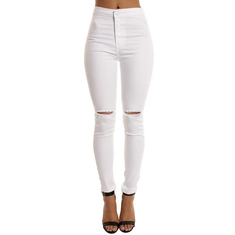 Høj Talje Casual Skinny Jeans For Kvinder Hul Vintage Piger Slank Rippet Denim Blyant Bukser Med Høj Elasticitet Sort Blå 5