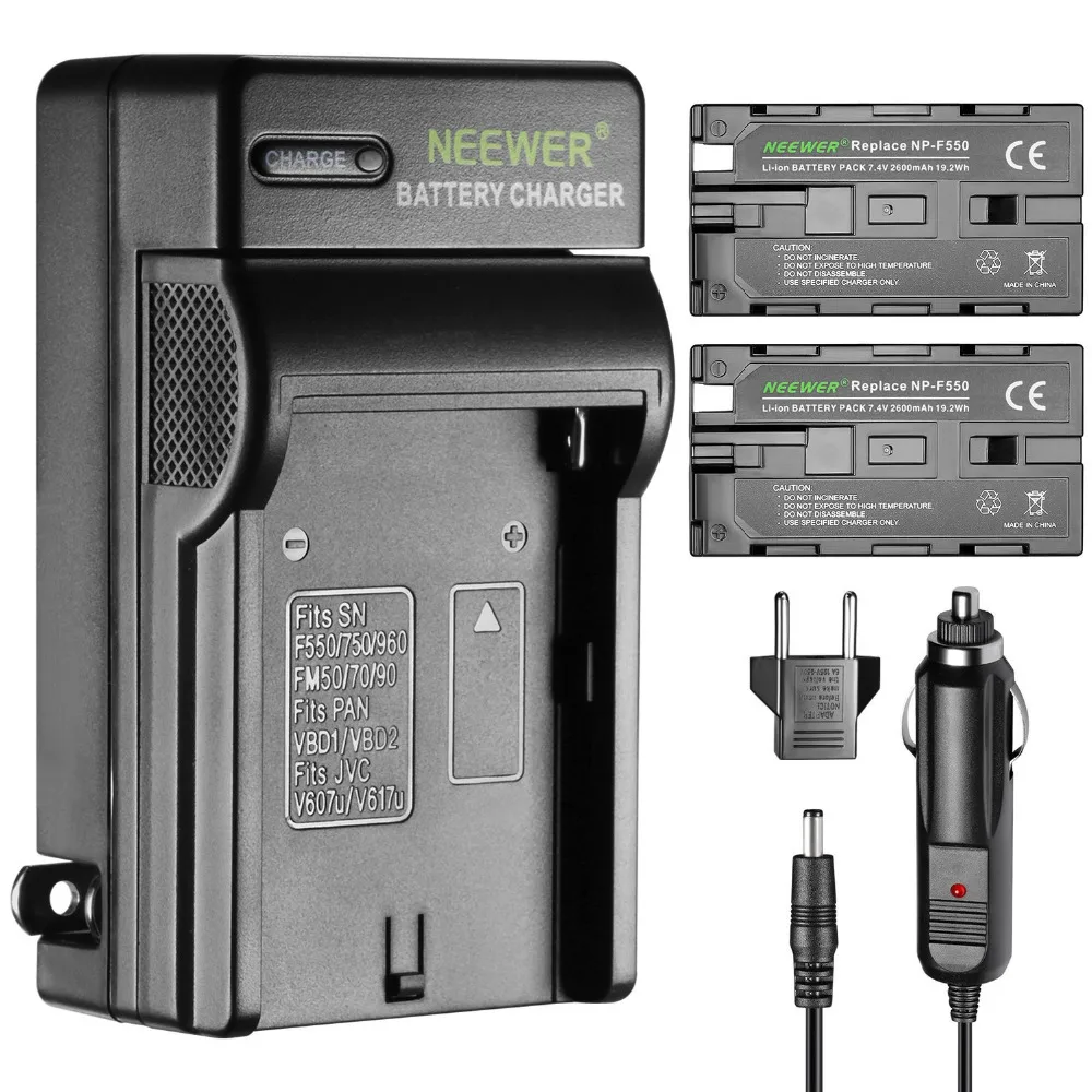 Neewer 2 Stykker 2600mAh Li-ion Batteri til Sony F550 og AC Oplader med OS/EU Stik Bil Adapter 5
