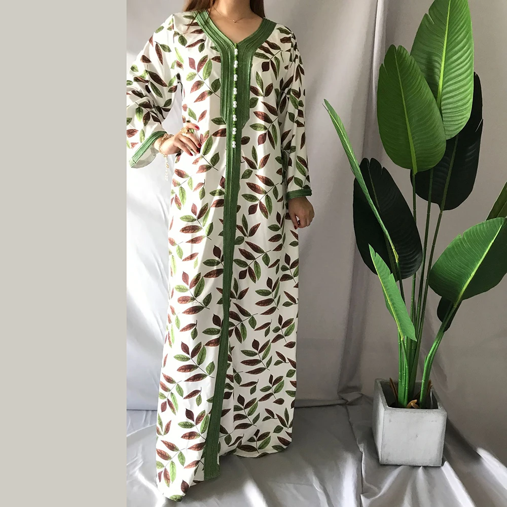 Mode Muslimske arabisk Kjole til Kvinder 2020 Bånd V-Hals Lange Ærmer Blade Print Marokkanske Kaftan Duabi Tøj Grøn 5